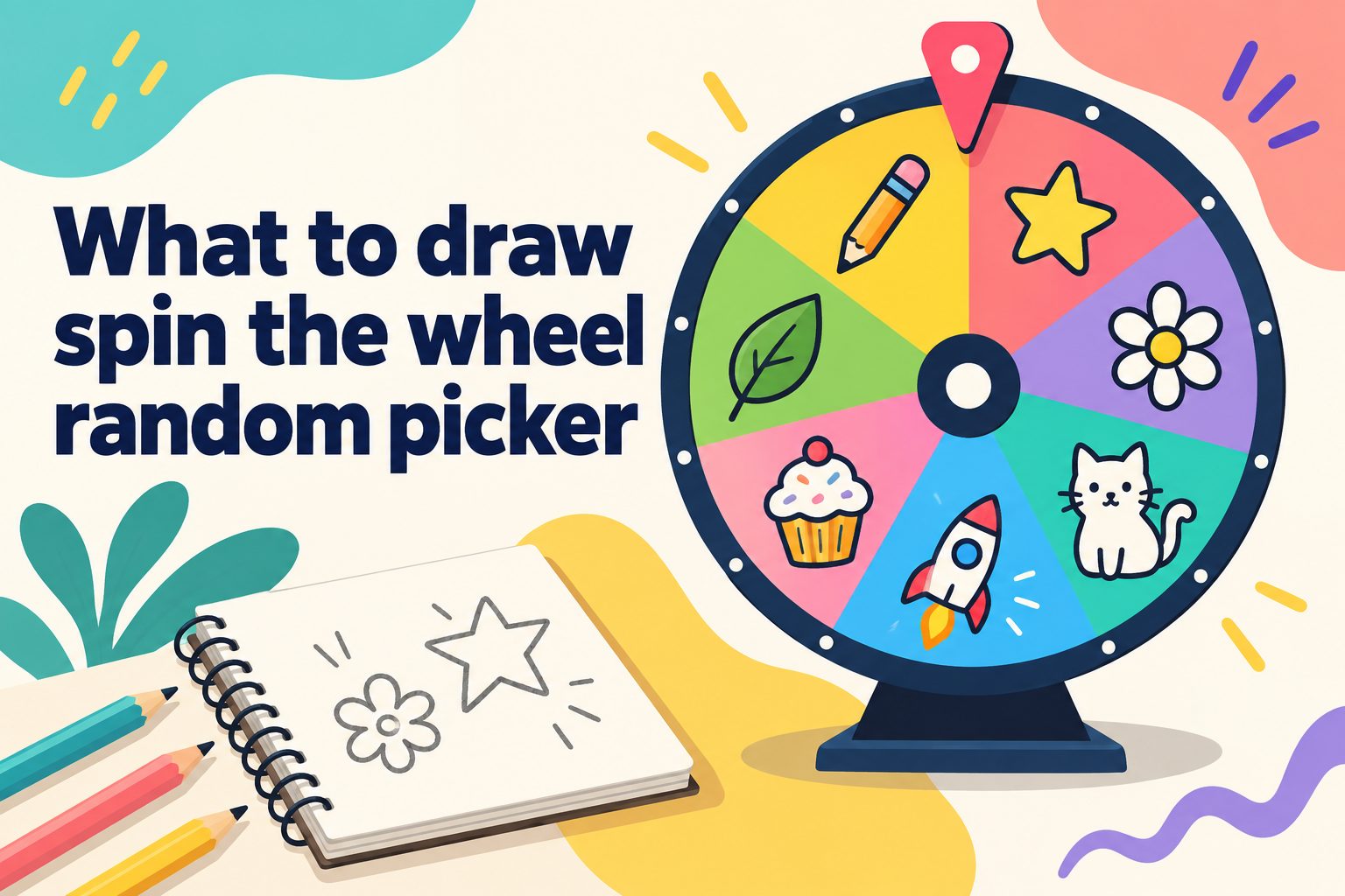what-to-draw-spin-the-wheel-random-picker-e2326 Colorful “What to Draw?” spin wheel with random art prompt categories